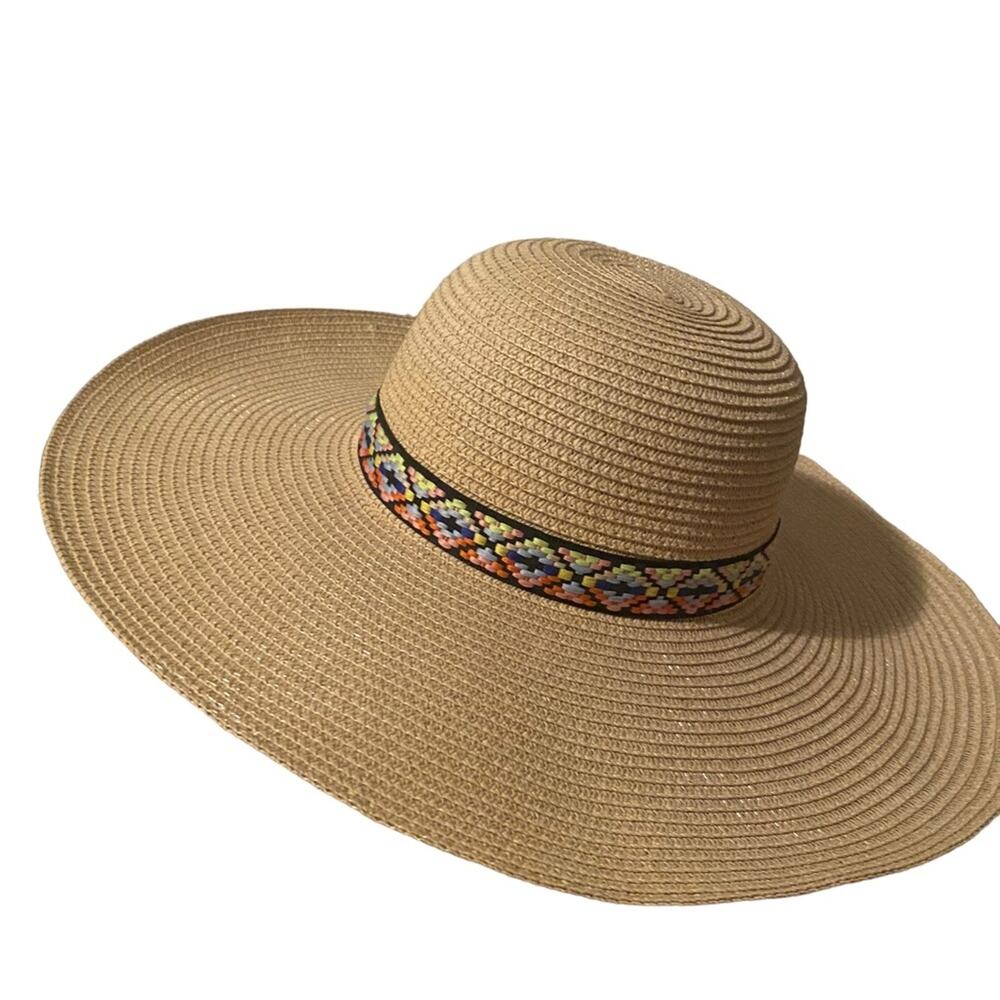 Straw Beach Cover Hat Wicker Beige Multicolored Embroidered Ribbon Summer Spring